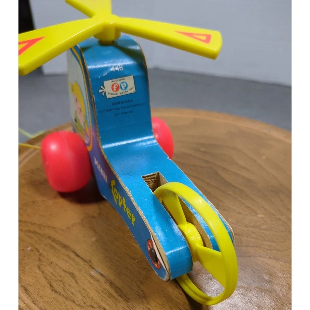 Vtg 1970 Fisher Price Mini Copter Pull Toy 448 Wood Helicopter Works Gnawd Strng